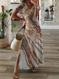 Geometric Irregular Printed T-shirt Long Dress Women's Summer Round Neck Short Sleeve A-line Dress Casual Vacation Robe