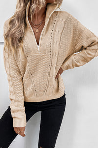 Apricot Zipped Stand Collar Cable Knit Sweater