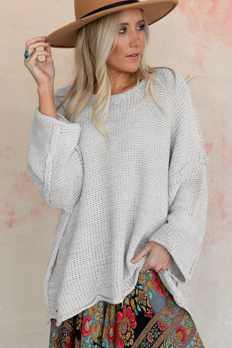 Beige Slouchy Textured Knit Loose Sweater