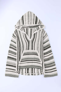 Black Striped Knit Kangaroo Pocket Hooded Sweater