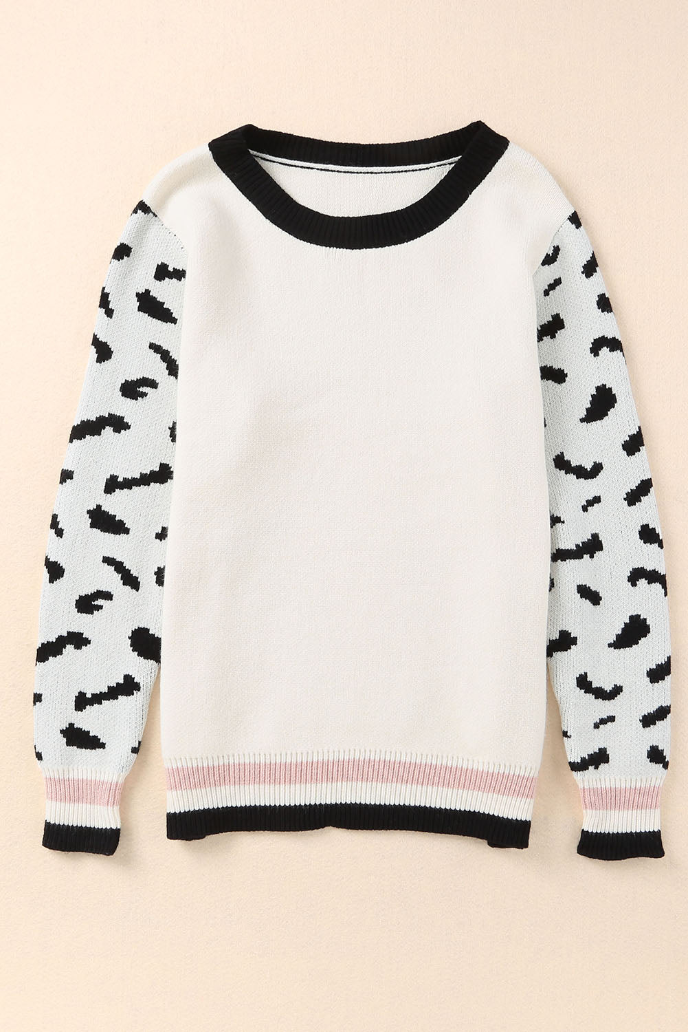 White Leopard Sleeves Contrast Neckline Drop Shoulder Sweater