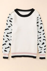 White Leopard Sleeves Contrast Neckline Drop Shoulder Sweater