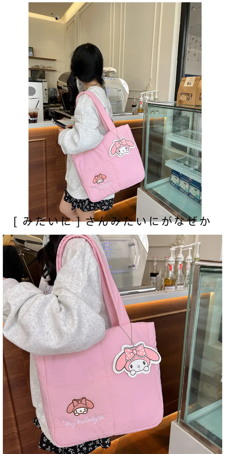 2024 New Sanrio Handbag Cartoon Cute Down Fabric Kuromi Tote Bag Shoulder Pacha Dog Cute Stationery Bag Large Capacity Handbag