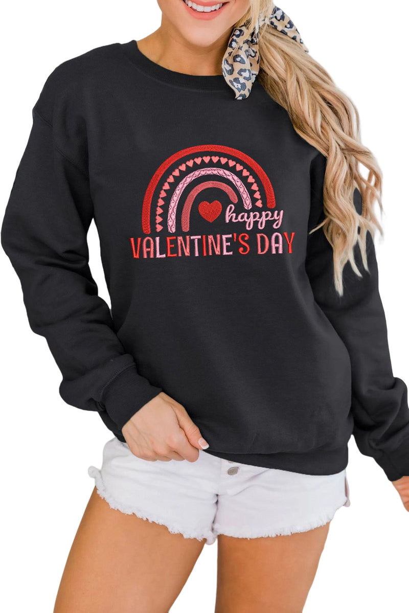 Black Happy Valentine's Day Graphic Embroidered Sweatshirt