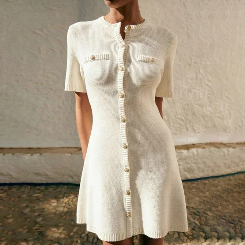 Elegant White Knitted Mini Dress Women Sexy Slim Fit Ribbed Knit Dress Metal Button Short Sleeve Holiday Party Mini Dress