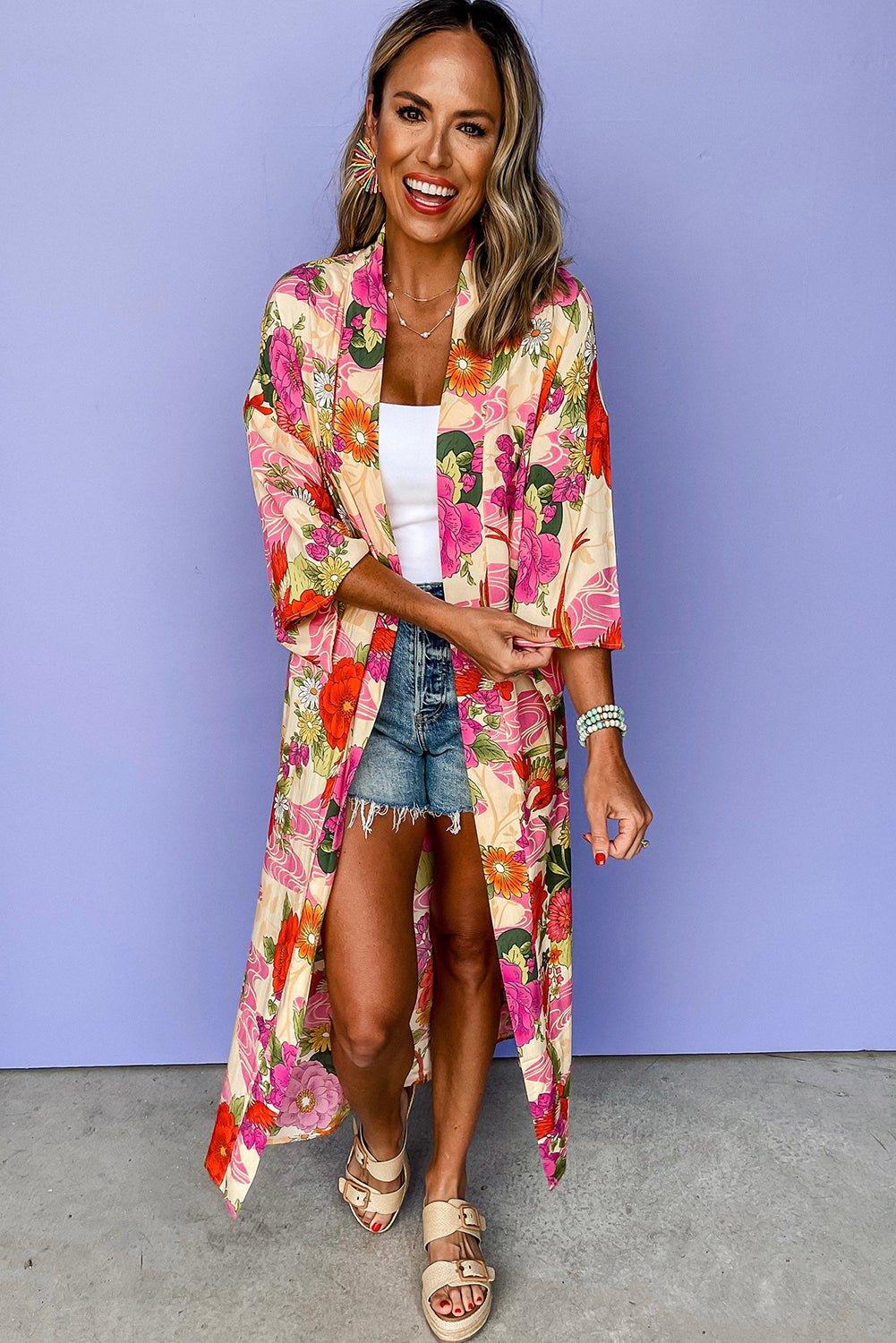 Pink Floral Allover Print Open Front Belted Duster Kimono