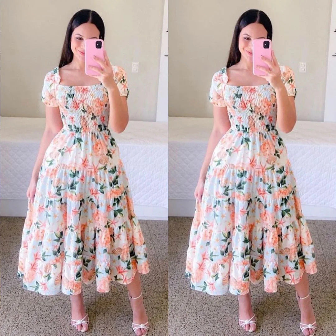 Elegant Women's Off Shoulder Midi Dress 2024 Summer Fashion dresses High Waist Flower Print Short  Sleeve Dress Robe Clothing