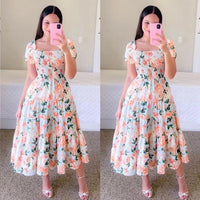 Elegant Women's Off Shoulder Midi Dress 2024 Summer Fashion dresses High Waist Flower Print Short  Sleeve Dress Robe Clothing