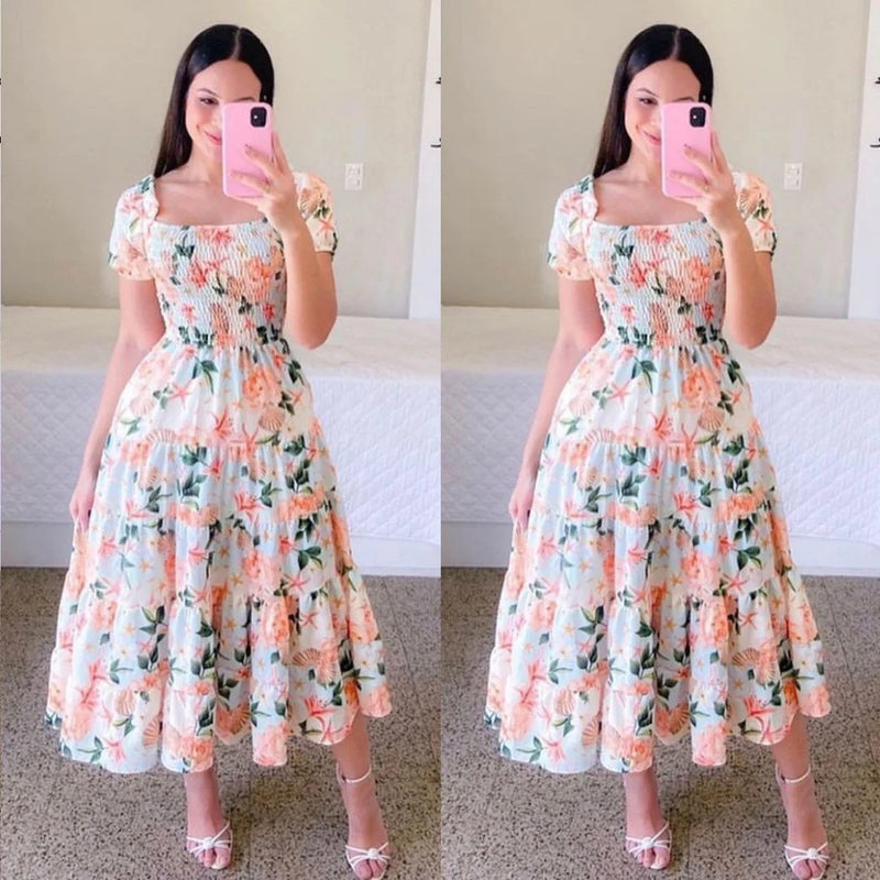 Elegant Women's Off Shoulder Midi Dress 2024 Summer Fashion dresses High Waist Flower Print Short  Sleeve Dress Robe Clothing