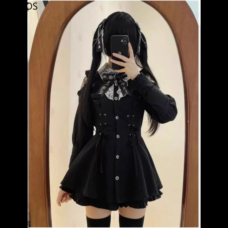 Japanese Gothic Style Rhinestone Bow Dress Shorts Set Women Lace Off Shoulder Long Sleeve Slim Shirts Dresses Lolita Y2k Outfits