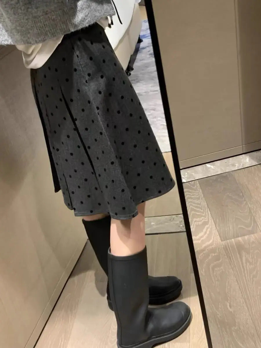 Factory Price Retro Wear Two Sides Wear Pleated Polka-dot Skirt Women 2024 Fall/winter New Fashion Gray A-line Skirt