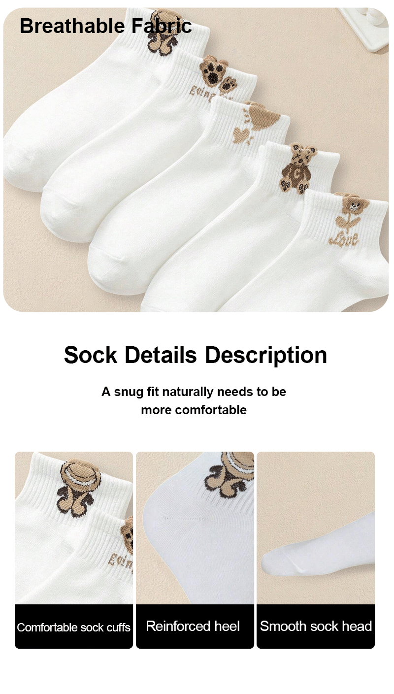 5/10/20 Pairs Women Cartoon Teddy Bear Patterned Ankle Socks Versatile Fashionable Creative Breathable Comfortable Casual Socks