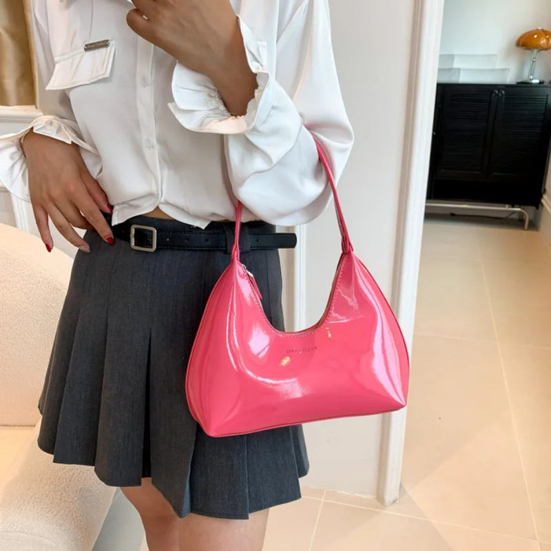 Fashionable Shoulder Bags for Women's Designer Solid Colors Patent Leather Crescent Bag 2024 New Small Handbag Ladies Totes Sac