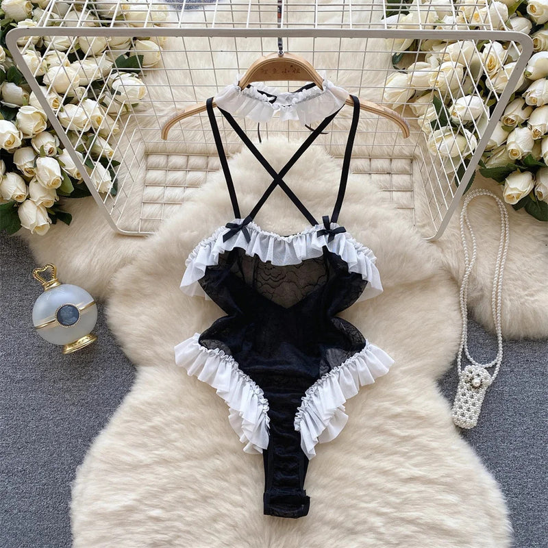 Strap Bow Hot Women Nightwear Mesh Sexy Night Dress Thin Tansparent Lace Pajamas Dress+Thong 2024 Lady Romantic Backless Nightie