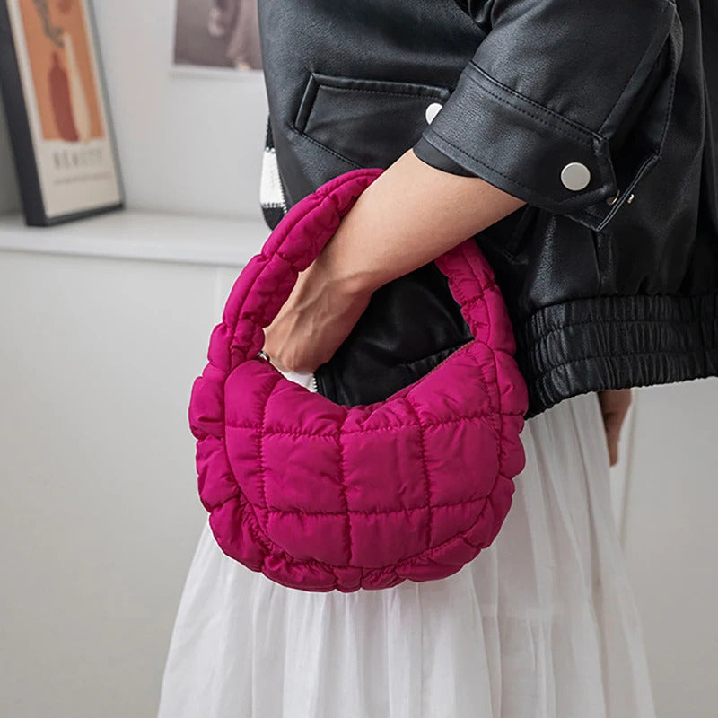 Fashion Mini Puffer Tote Bag Quilted Circle Phone Purse Elegant Purple Soft Nylon Padded Key Pouch Simple Trend Handbag