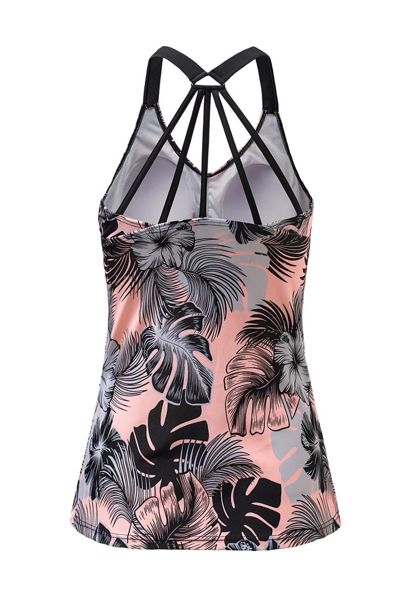 Pink Floral Printed Strappy Racerback Tankini Swim Top