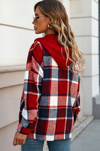 Green Hooded Plaid Button Front Shacket