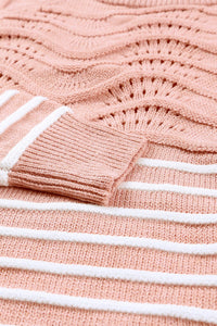 Pink Striped Textured Long Sleeve Knit Sweater