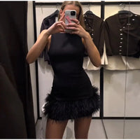 Elegant Sequins Feather Patchwork Dress Christmas Slim O-neck Long Sleeve Short Party Dresses 2024 Lady Shiny High Waist Robes