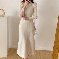 Autumn Winter 2023 Slim Long Sleeve Party Midi Dress for Women Knitted Half High Collar Elegant Knitted Sweater Dresses Ladies