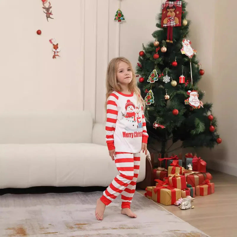 New Christmas family home dress Christmas Deer Snowman family suit red and white stripes patchwork printed pyjamas two-piece set