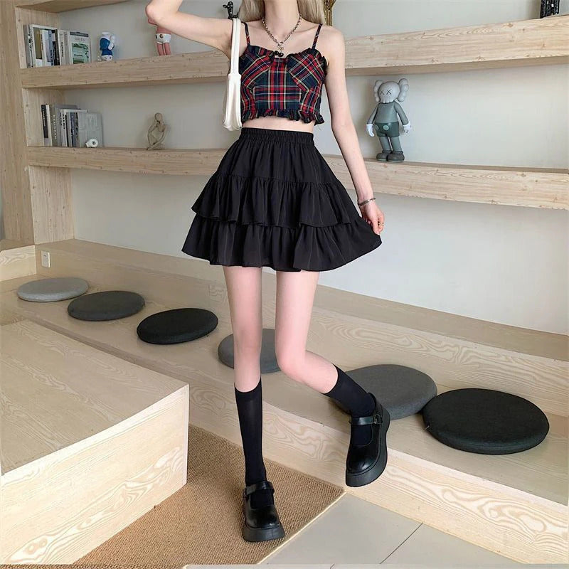 Pleated A-Line Skirt Women White Ruffle Sweet Tierred Pretty Style Skirt Elastic Waist Summer Slim Basic Korean Harajuku Dress