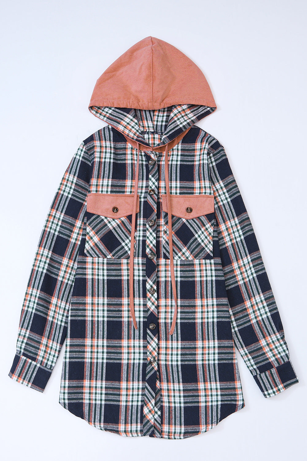 Bluing Contrast Hooded Drawstring Plaid Shacket