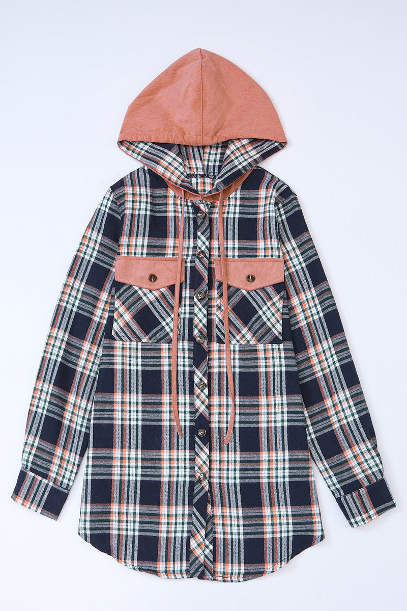 Bluing Contrast Hooded Drawstring Plaid Shacket