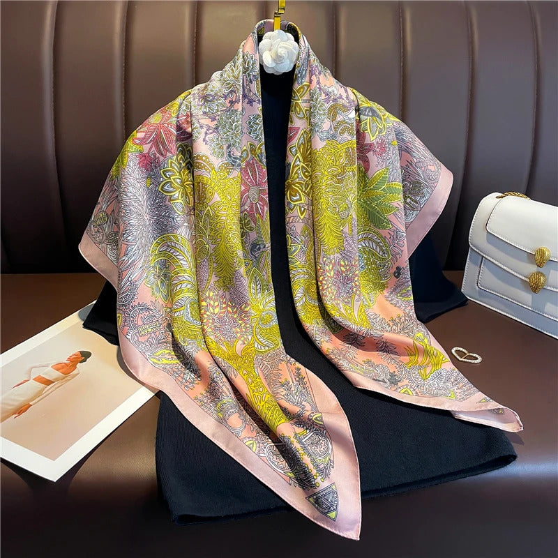 90cm Silk Twill Square Scarf For Women Spring Print Hair Band Hijab Foulard Sunsceen Neckerchief Shawl Wraps Echarpe New