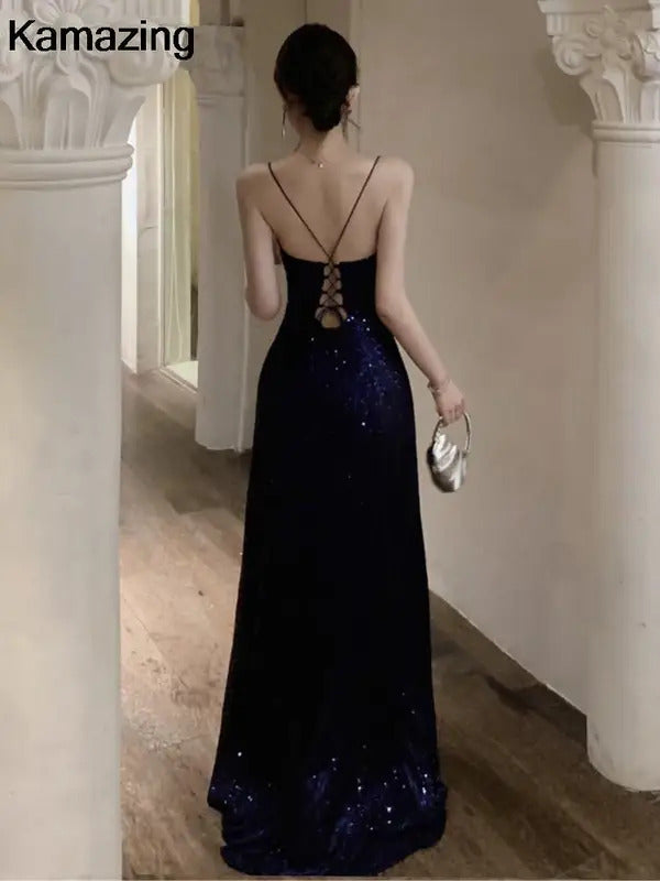 Elegant V-neck Sequin Graduation Dresses Women's Sexy Backless Split Bandage Runway Robe Summer Luxury Formal Occasion Clothes