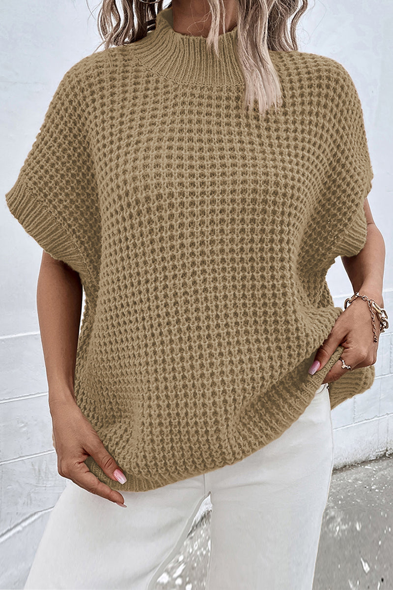 Light French Beige High Neck Short Batwing Sleeve Textured Knit Sweater