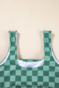 Green Checkered Print Square Neck Cropped Swim Top