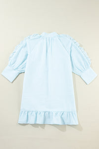 Myosotis Seersucker Ruffled Puff Sleeve Stand Neck Mini Dress