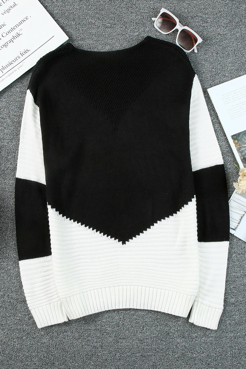 Black Two-Tone Chevron Pullover Sweater