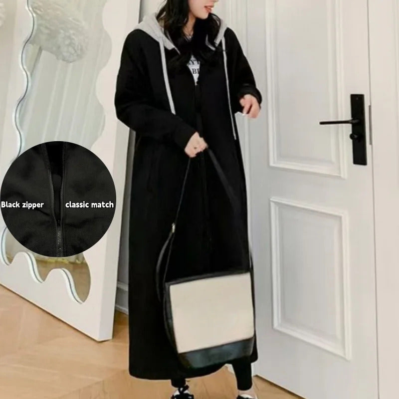 Plus Size Women's Hooded Zip-Up Winter Thick Casual Oversize Coat Black Patchwork Fake 2 Piece Hoodie Korean Matching Outerwear