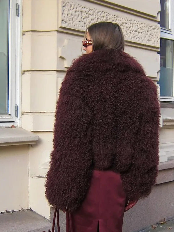 Retro Burgundy Tassels  Faux Fur Long Sleeves Short Coat Elegant Loose Turn-down Collar Jacket 2024 New Woman High Street Coats