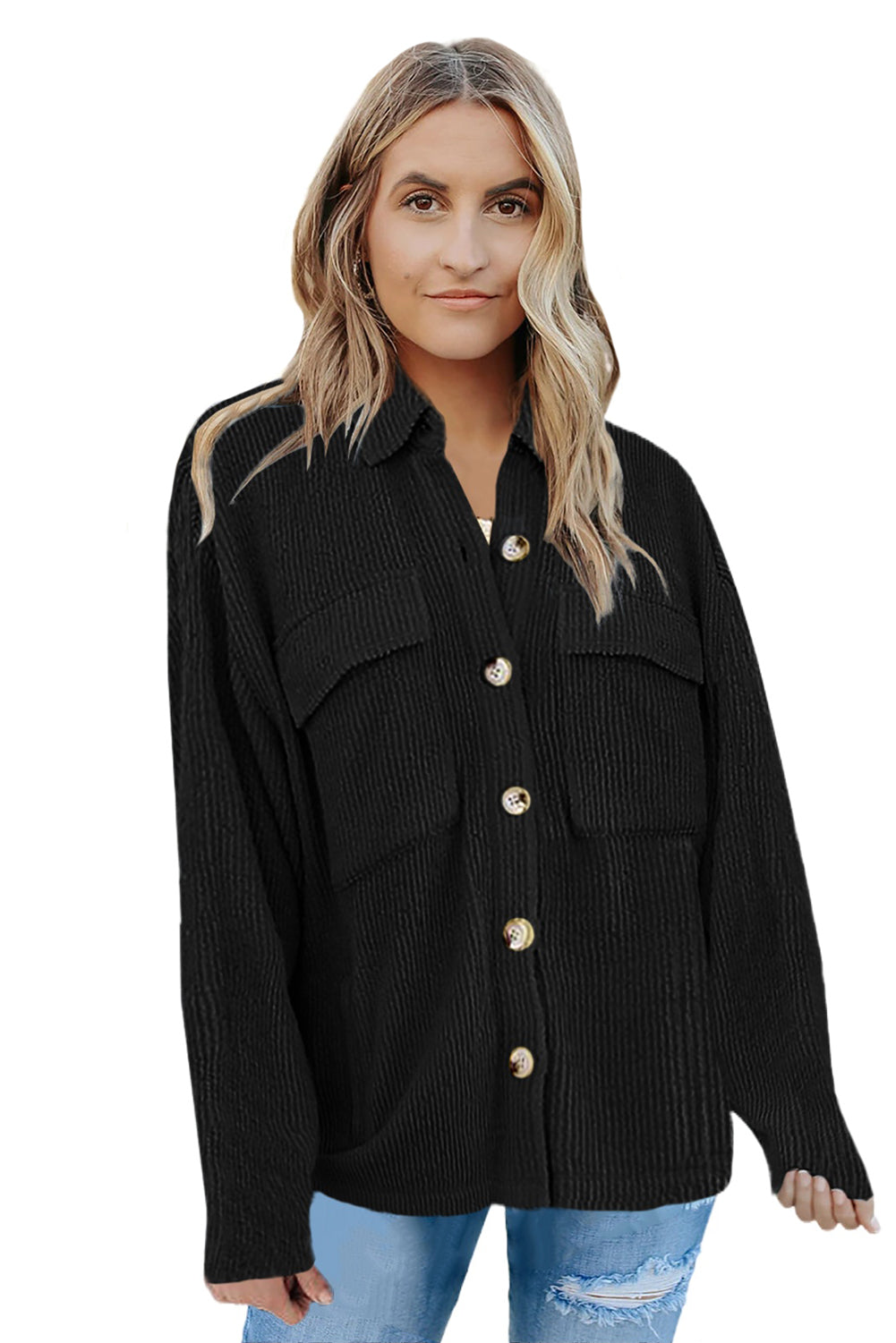 Pocketed Button Ribbed Textured Shacket