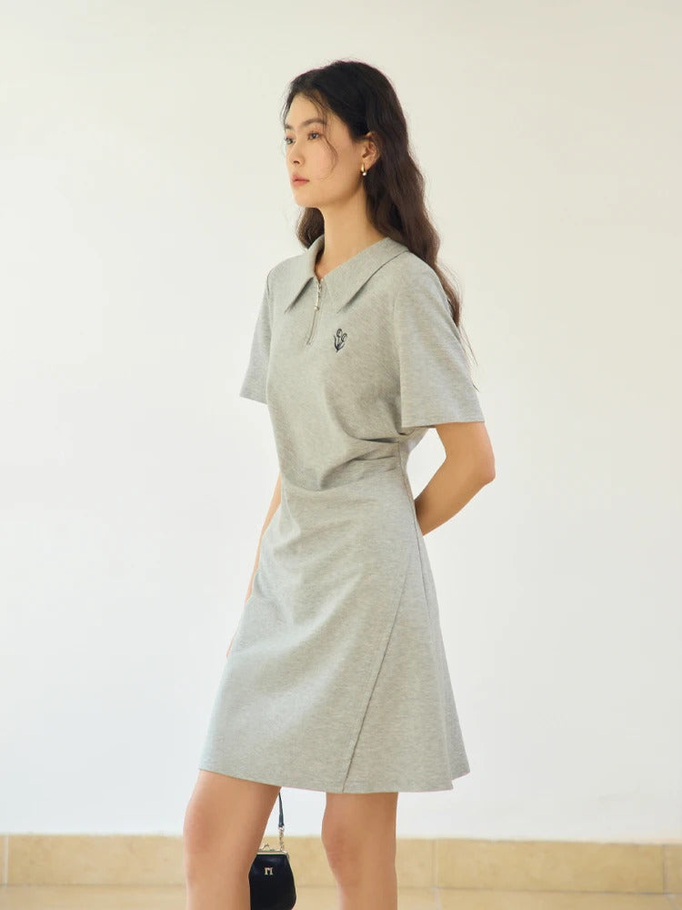 DUSHU Polo Dress Cotton Summer Long Women T Shirt Dress A-LINE Skirts Pleated Design Knee-Length Dress 24DS82109+24DS82316