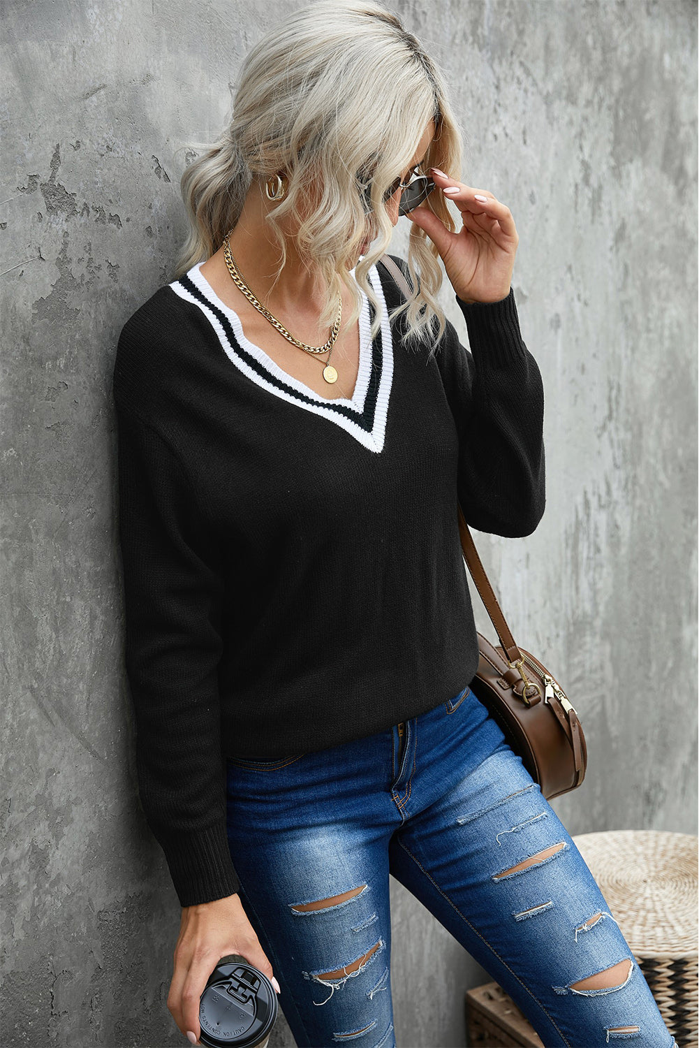 Black Deep V Contrasted Neckline Knitted Sweater