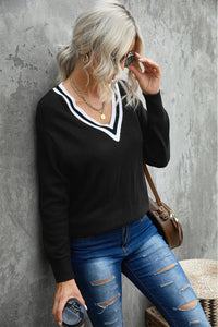 Black Deep V Contrasted Neckline Knitted Sweater