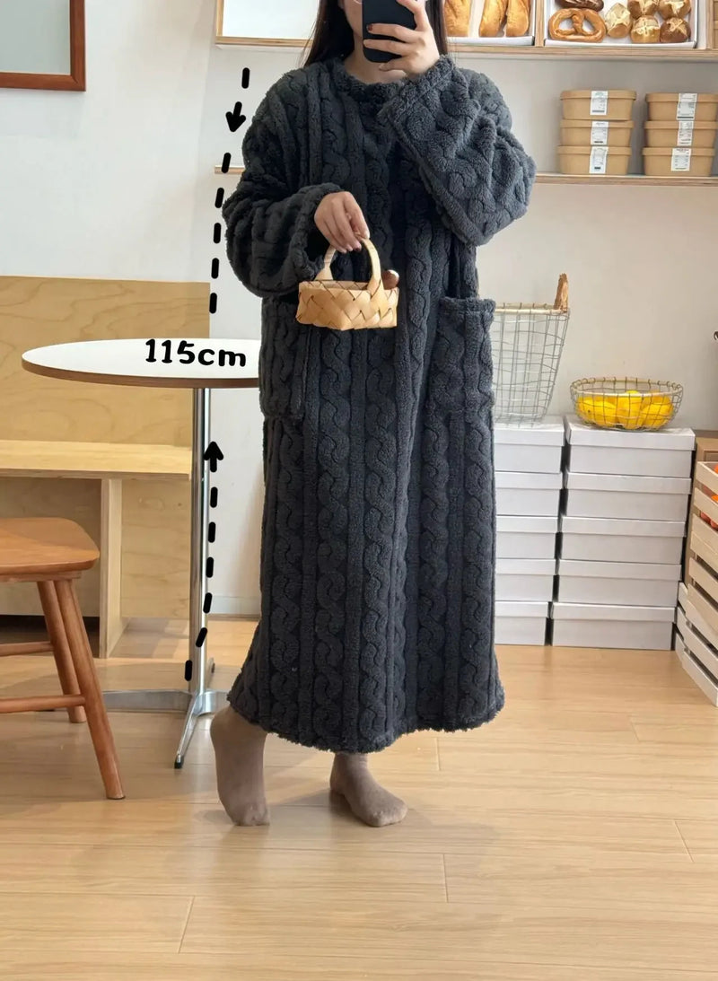 Winter Long Sleeve Double Pocket Flannel Nightgowns Women Loose Solid Sleepwear Jacquard Night Dress Thickened Warm Nightdress