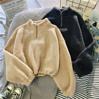 Women Stand Neck Fleece Cropped Hoodies Autumn Letter Embroidery Long Sleeve Drawstring Sweatshirt Elegant Plush Velvet Tops