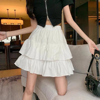 Pleated A-Line Skirt Women White Ruffle Sweet Tierred Pretty Style Skirt Elastic Waist Summer Slim Basic Korean Harajuku Dress