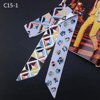 2024 Spring Border New Geometric Diamond Small Flowers Women's Decorative Small Silk Scarf Bundle Bag Handle Ribbon Small Scarf