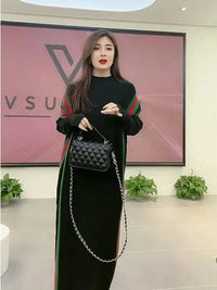 Elegant Strip Knitwear Loose Midi Dresses Half Turtleneck Knitted Dress Casual Sweater Vestidos Korean Women Fall Winter Robe