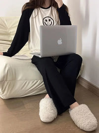 Women's Loose Round Neck Cute Kitty Homewear Pajamas Women's Simple Leisure Long Sleeve Long Pants Two-piece Suit Pajamas  Women