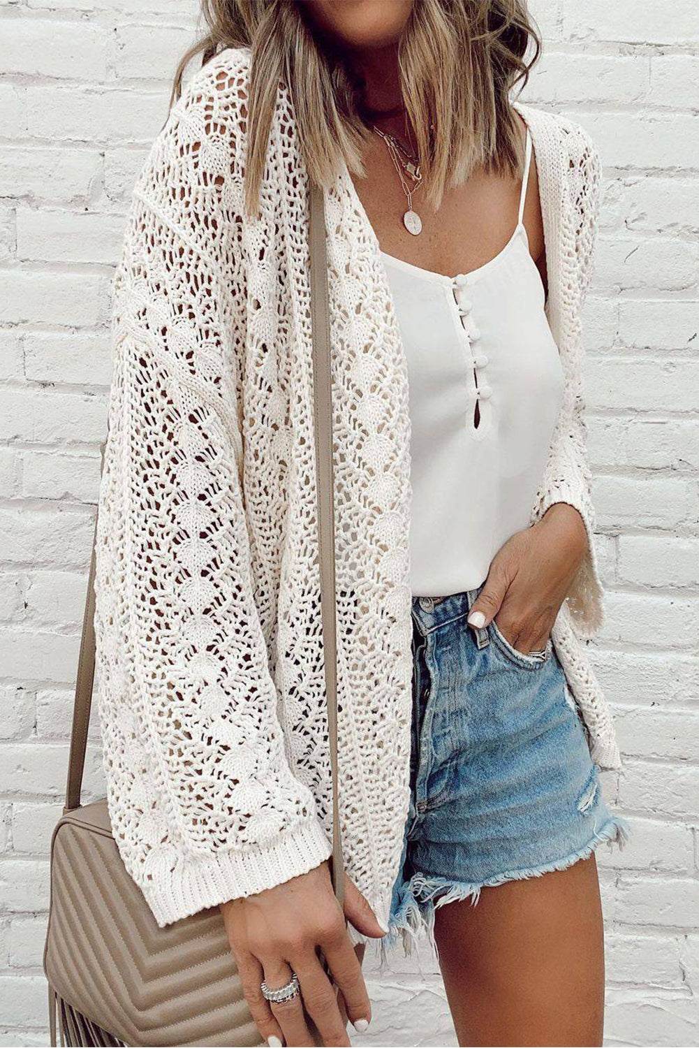 Apricot Hollow Out Knit Drop Shoulder Open Front Cardigan