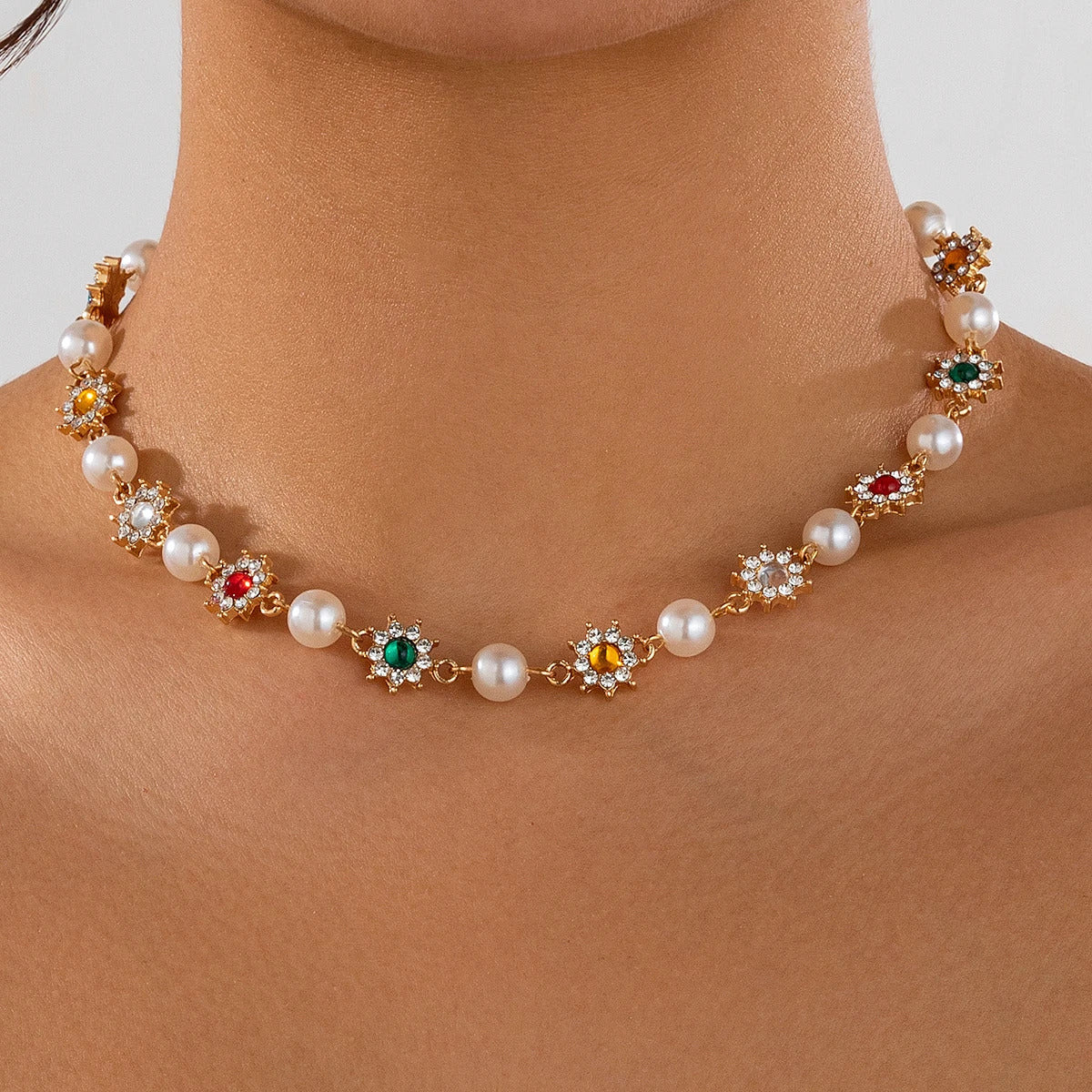 SHIXIN Luxury Shinny Colorful Rhinestone Short Necklace Bracelet Earrings Women Imitation Pearl Choker Christmases Jewelry Set