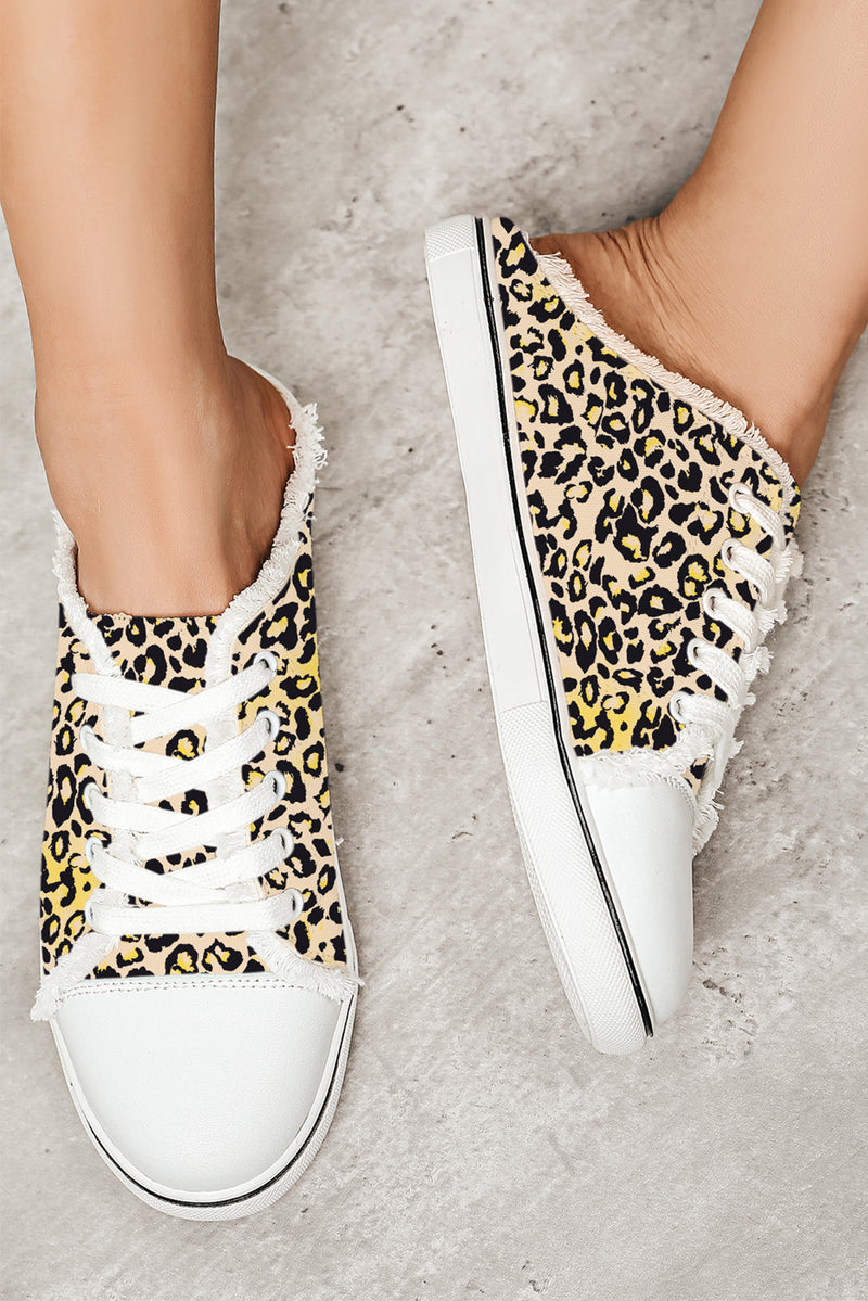 Chestnut Leopard Print Lace Up Decor Canvas Slip On Shoes