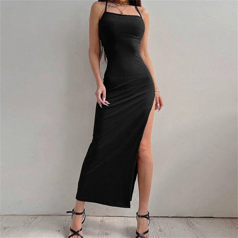 Sexy Black Long Bodycon Dress Women Summer Sleeveless Blackless Halter Neck Spaghetti Strap Dresses High Split Vestidos